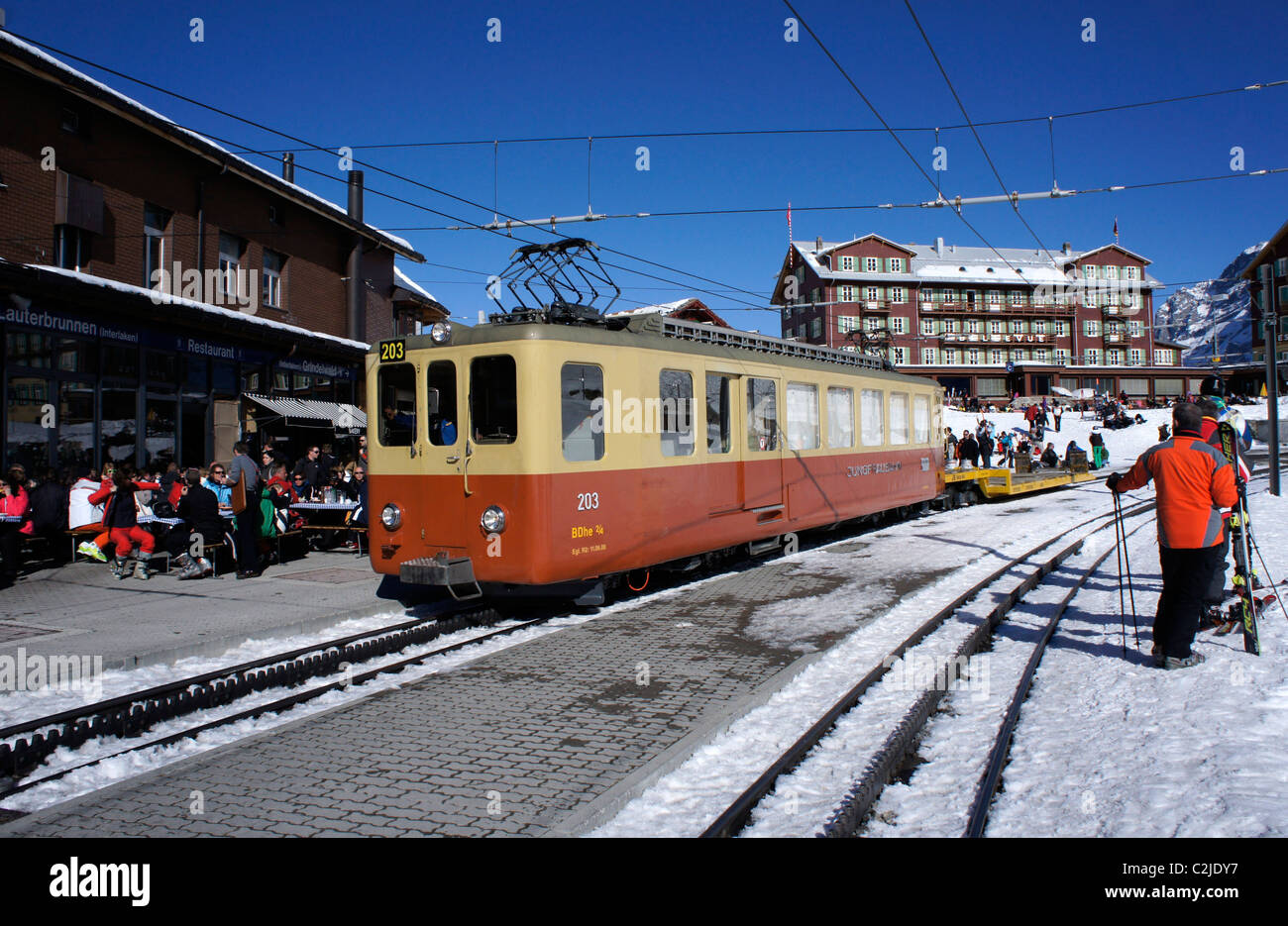 Kleine Scheidegg, Winter, Jungfraujoch railroad station, Bernese alps, Switzerland Stock Photo