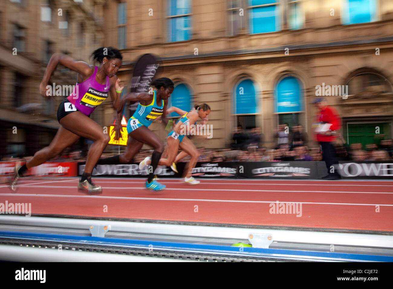 Jessica Ennis and Christine Ohuruogu compete in a 100m exhibition race at the great city games, manchester, on a temporary track Stock Photo