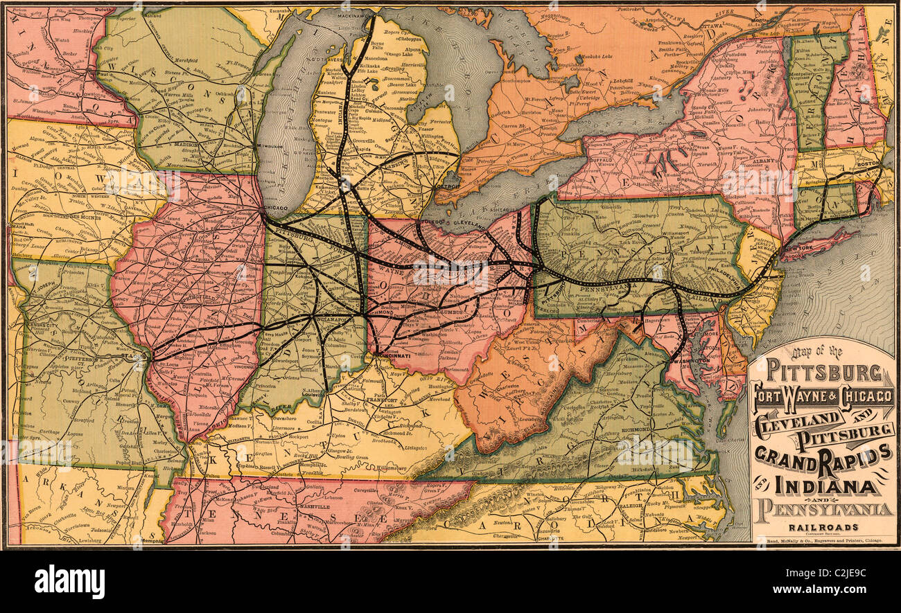 Pittsburgh, Fort Wayne & Chicago, Cleveland and Pittsburgh, Grand Rapids and Indiana, and Pennsylvania railroads  1874 Stock Photo