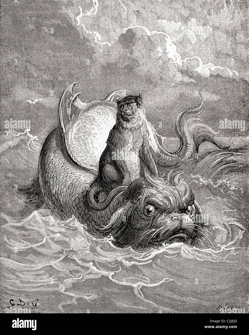 The Monkey and The Dolphin after a work by Gustave Dore for a La Fontaine fable. Stock Photo