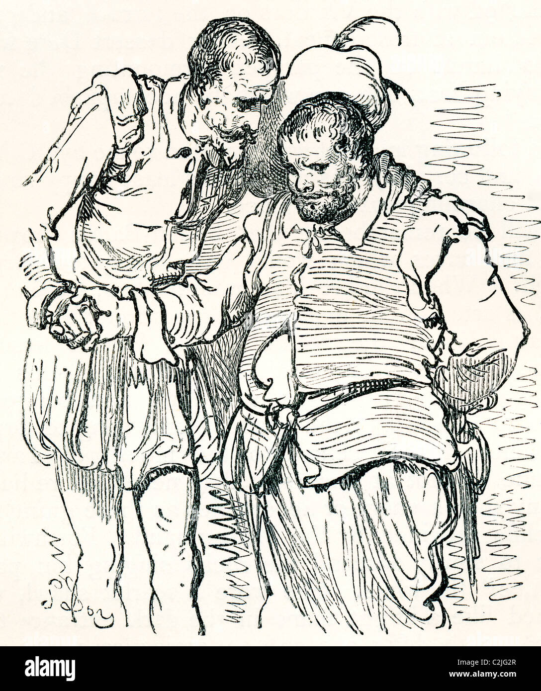 After an original drawing by Gustave Dore of Don Quixote and Sancho Panza. Stock Photo