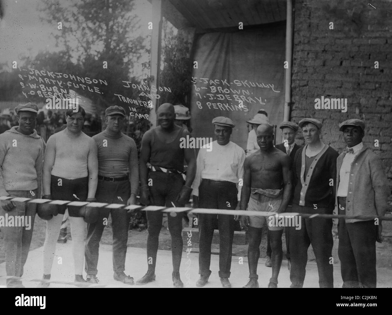 Jack Johnson & trainer in camp Marty Cutle, W. Burns, C. Respress, Jack Skully, J. DeBray