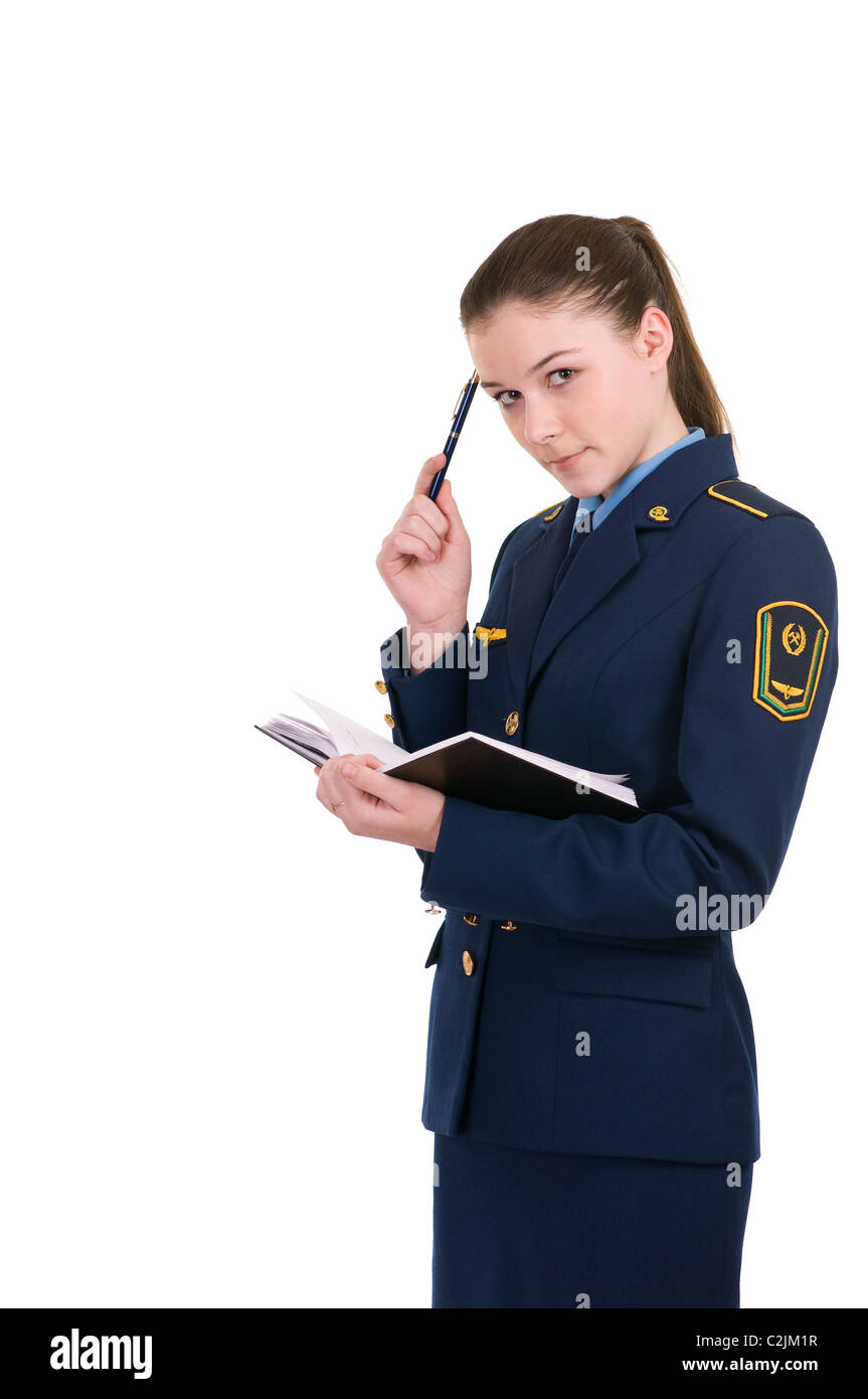 girl in the uniform of the railway with a diary isolated on white background Stock Photo