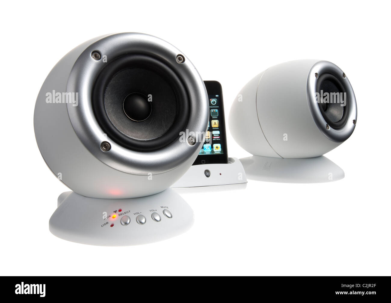 Portable desktop speakers for an Apple iPod or Apple iPhone Stock Photo