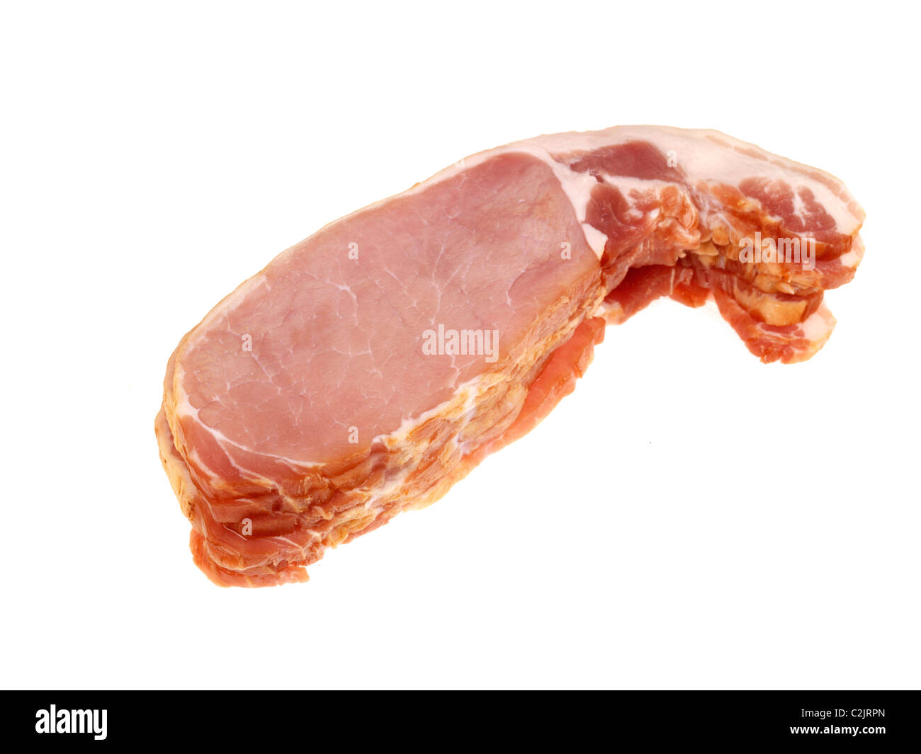 Pile Or Stack Of Uncooked Fresh Raw Smoked Back Bacon Against A White Background With No People And A Clipping Path Ready To Cook Stock Photo