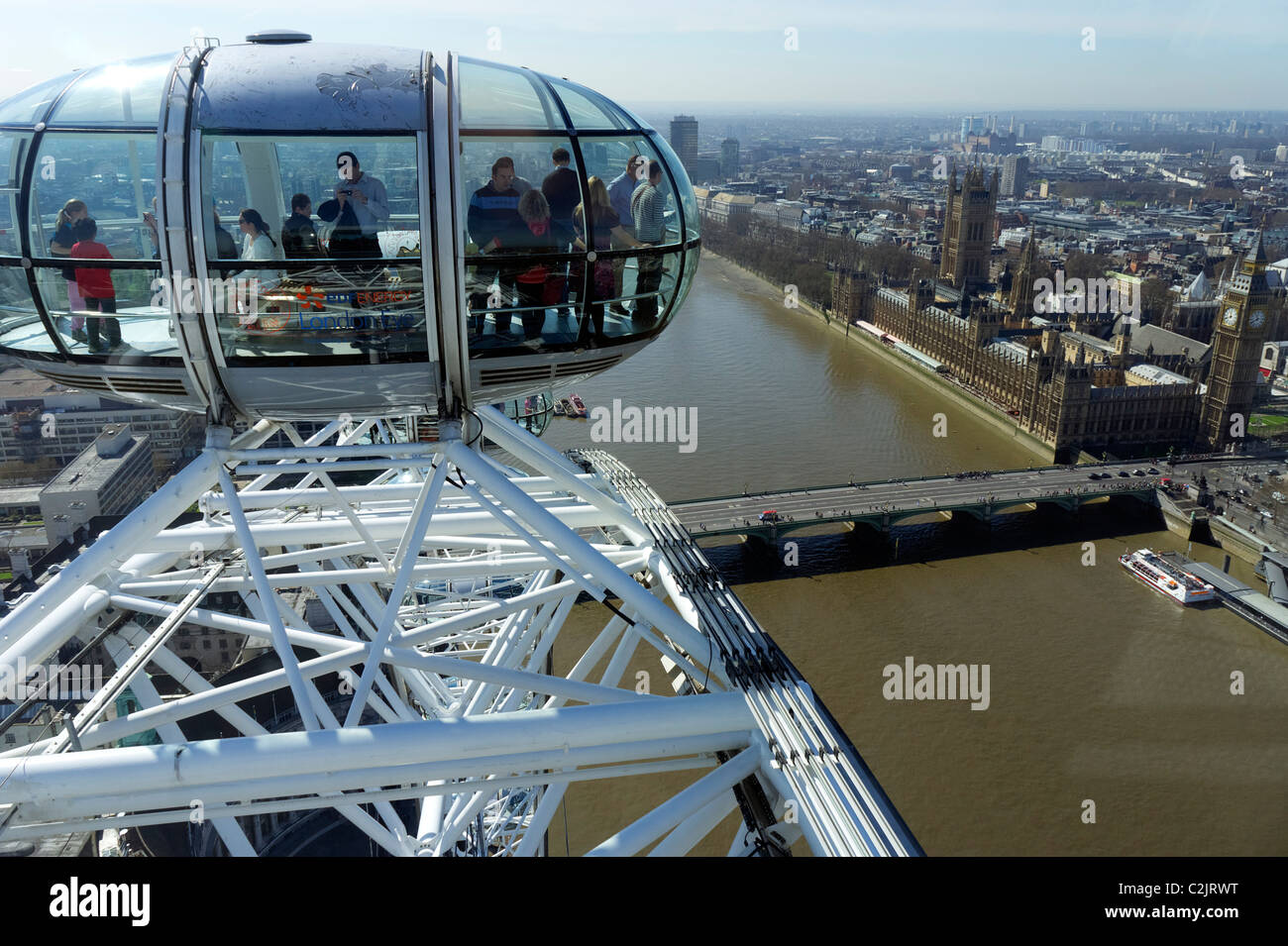 Houses of Parliament viewed from inside the London Eye, London, England, UK Stock Photo