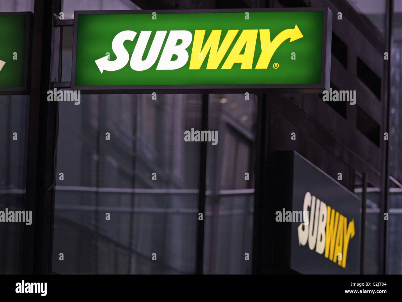 Subway signs on one of its stores in the West End of London Stock Photo