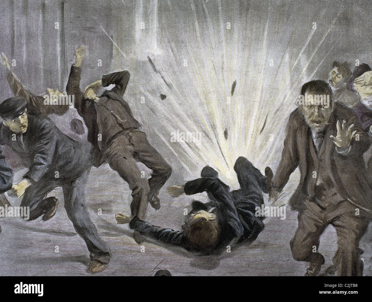 Anarchist attack. Explosion of a bomb in the afternoon of November 17, 1904. Colored engraving. Barcelona. Catalonia. Spain. Stock Photo
