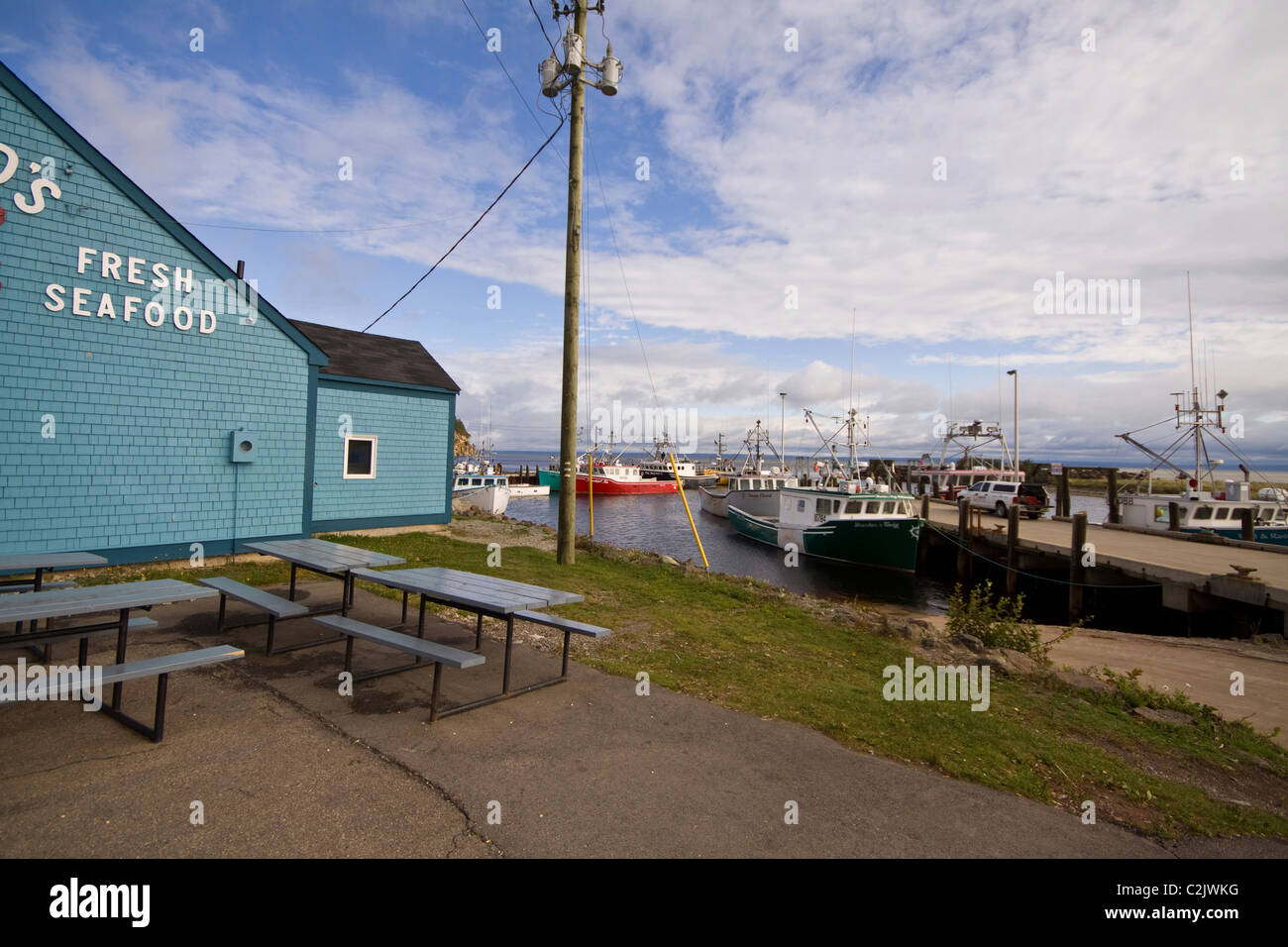 Seafood restaurant and Boats in Harbour, Alma, New Brunswick, Canada