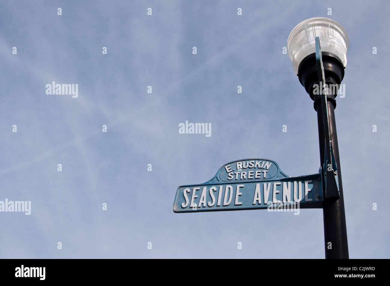 A street sign at the intersection of Seaside Avenue and E. Ruskin Street in Seaside, Florida. Stock Photo