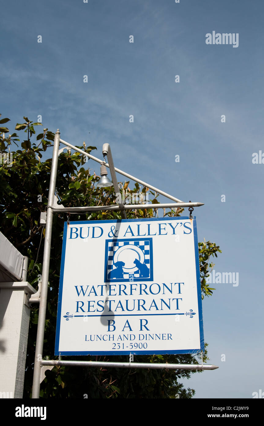 The sign for Bud & Alley's waterfront restaurant and bar along 30-A in Seaside, Florida. Stock Photo