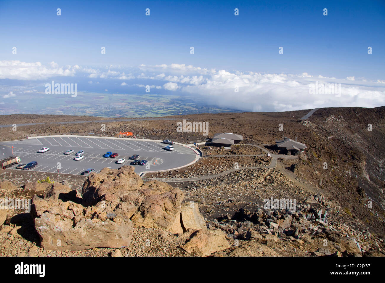 Visitor Center and parking lot near summit of Haleakala volcano on Maui