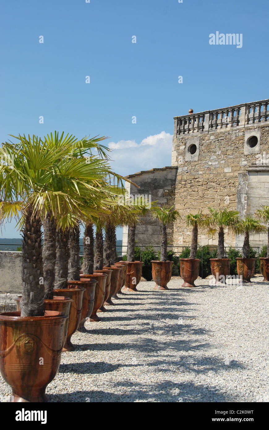 The terrace of Grignan castle in Grignan, Drôme provençales, in southern France is decorated with Anduze flower pots. Stock Photo