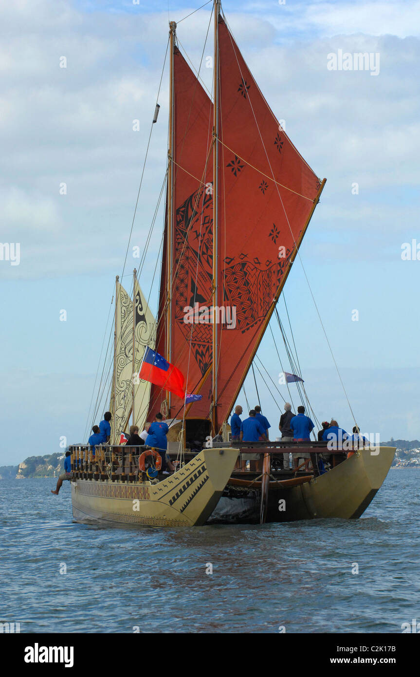 Maori Sailing Canoe (Maori Waka) under way in Auckland Harbour, NZ