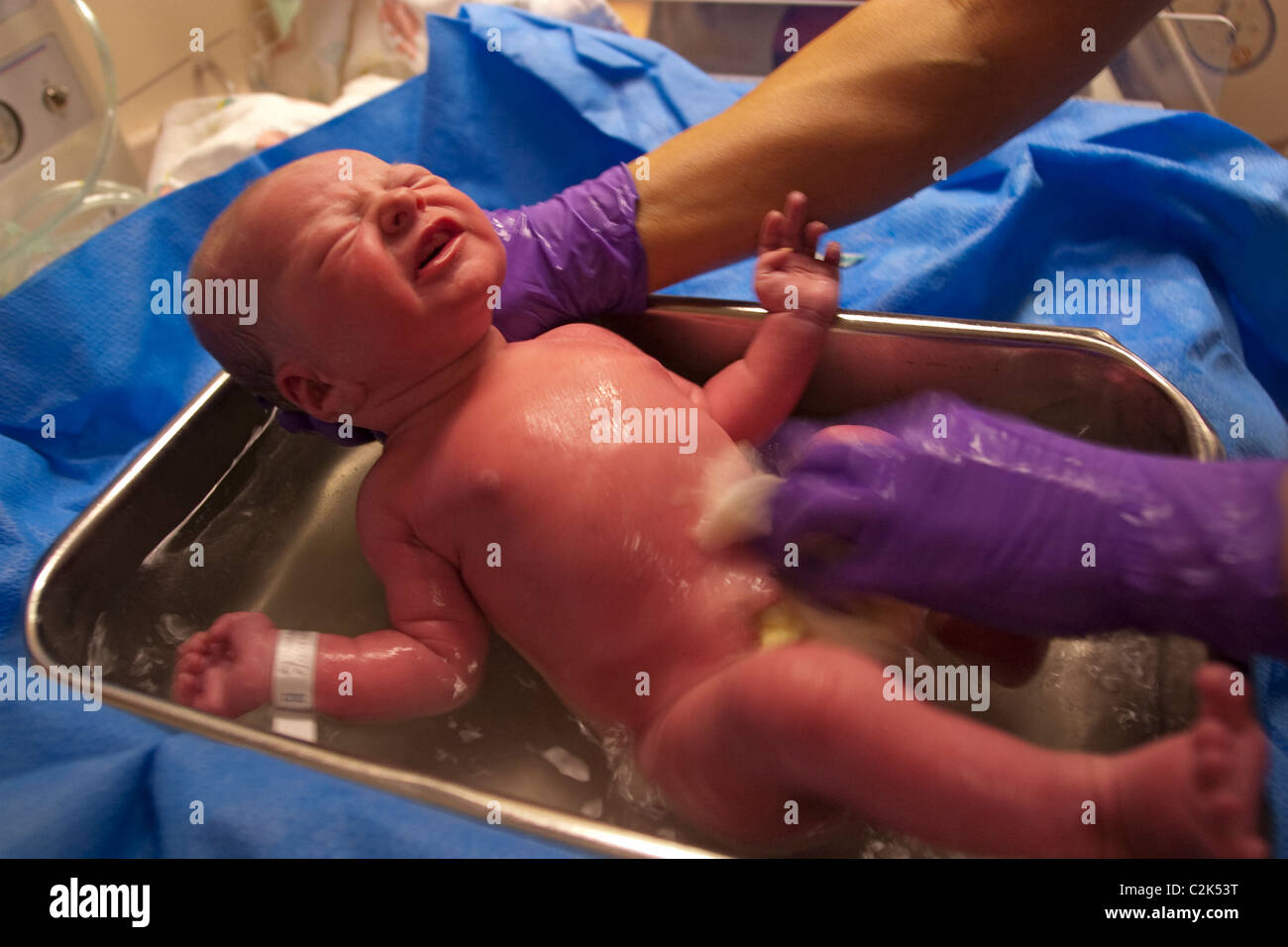 A new born baby boy gets a bath in his first minutes of life. Stock Photo