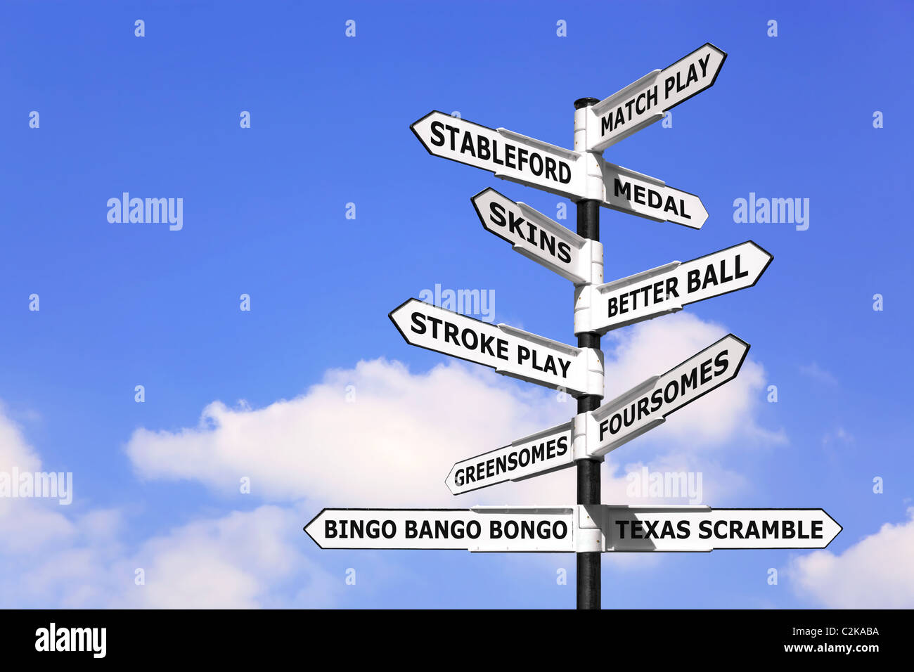 Concept image of a signpost with types of golf competition on the arrows. Stock Photo