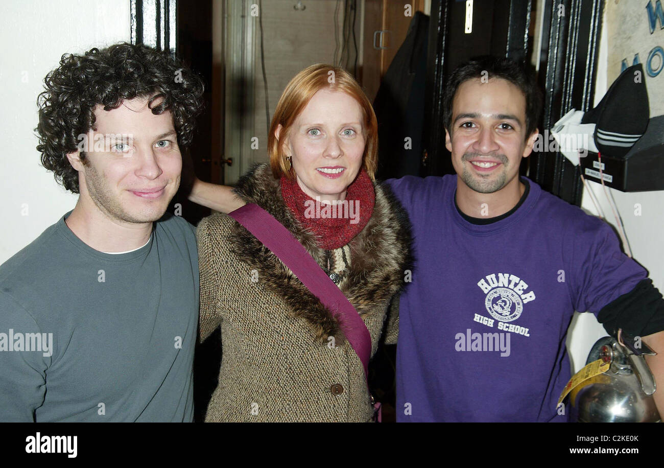 Cynthia Nixon with Director Tom Kail and cast member Lin-Manuel Miranda of the new Broadway musical 'In The Heights' at the Stock Photo