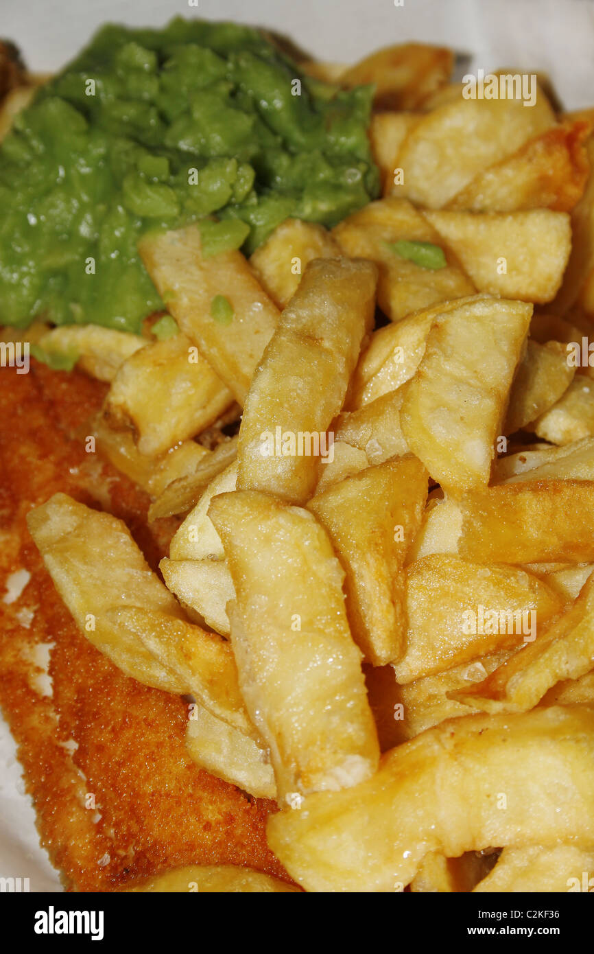 fish, chips and mushy peas from fish shop Stock Photo