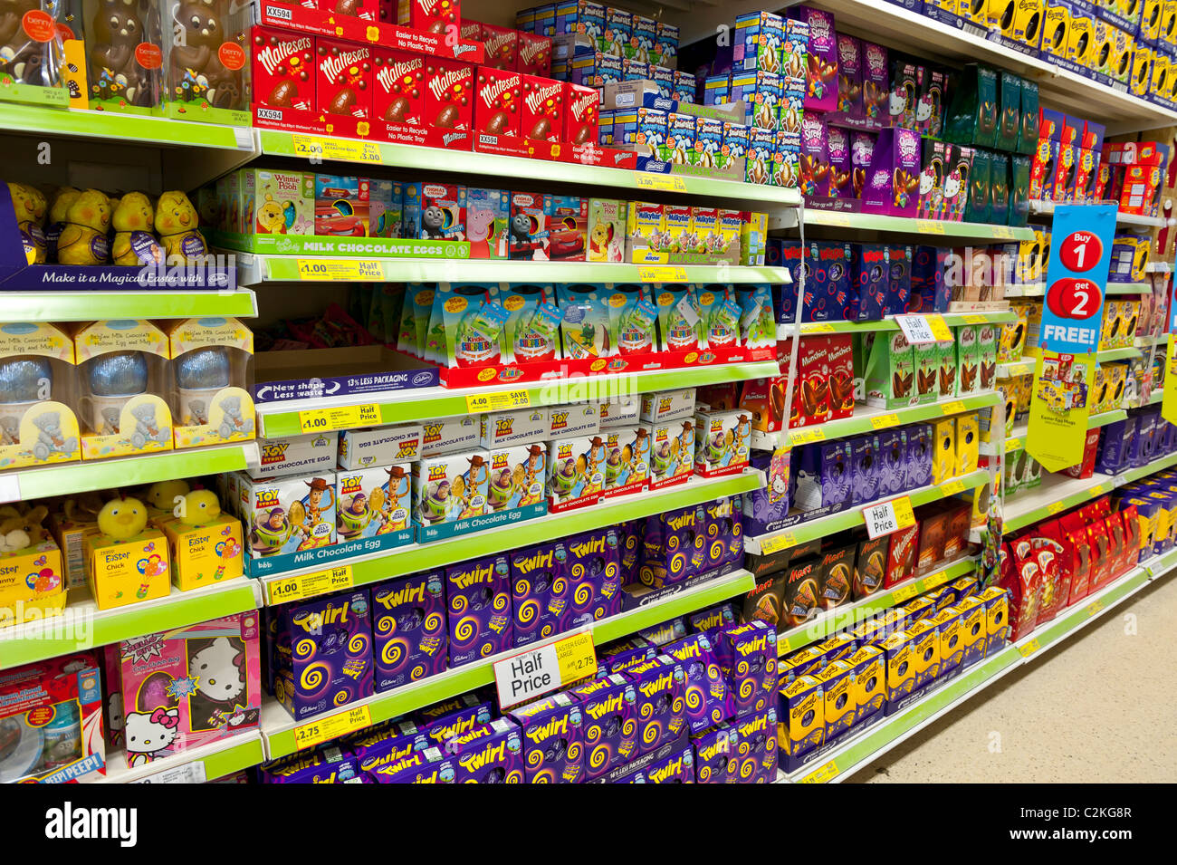 A selection of chocolate Easter eggs in a Tesco supermarket in the Uk Stock Photo