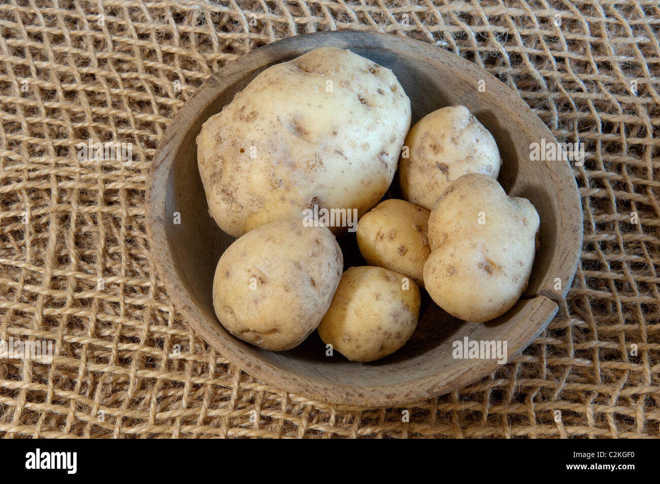 Potato (Solanum tuberosum), variety: Institut de Beauvais. Potatoes a wooden bowl. Stock Photo