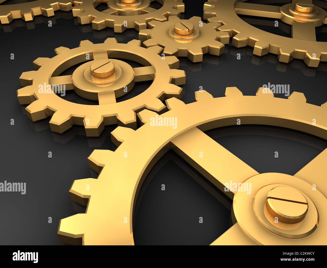 Golden gears working together, reflective floor, 3d render Stock Photo ...