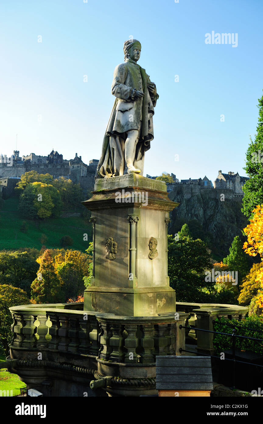 Allan Ramsay Statue with castle in background, Edinburgh, Scotland