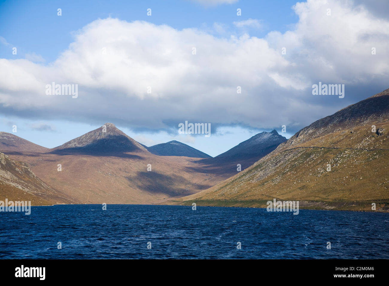 View North along the Silent Valley Reservoir, Mourne Mountains, County Down, Northern Ireland. Stock Photo