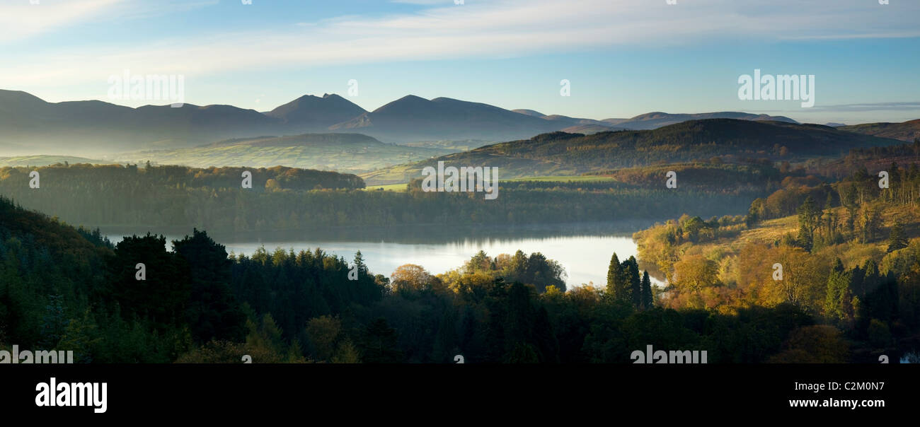 Autumn view across Castlewellan Lake to the Mourne Mountains. Castlewellan Forest Park, County Down, Northern Ireland. Stock Photo