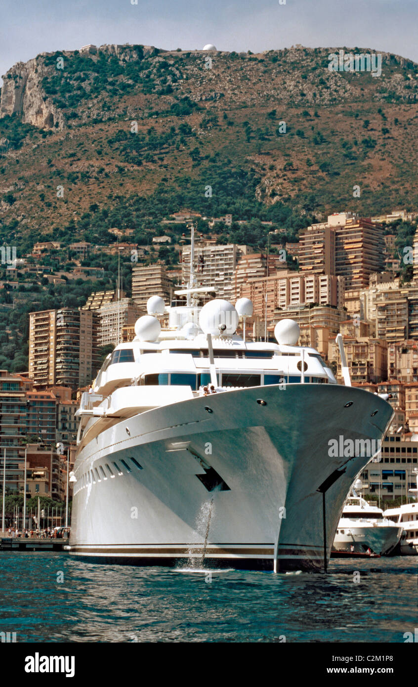 A luxury motor yacht moored at Port Hercule Monaco Monte Carlo France Mediterranean Sea Stock Photo