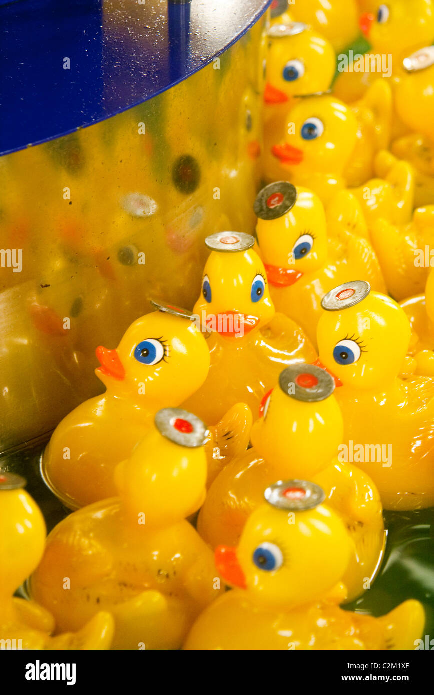 Yellow ducks from a 'Pluck a Duck'  fairground game Stock Photo