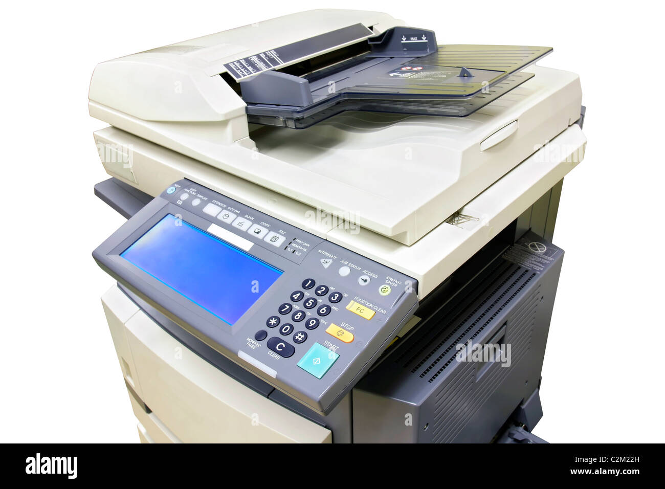 Modern photocopier with digital display isolated on white background Stock Photo