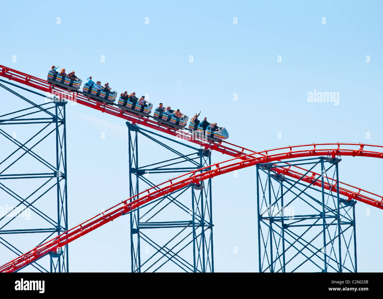 People on 'The Big One' rollercoaster ride at Blackpool Pleasure Beach. Stock Photo