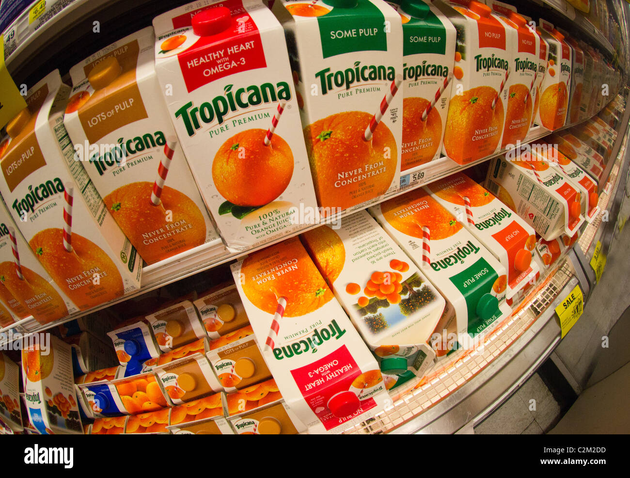 Cartons of Tropicana orange juice are seen in a supermarket refrigerator case on Thursday, April 14, 2011. (© Richard B. Levine) Stock Photo