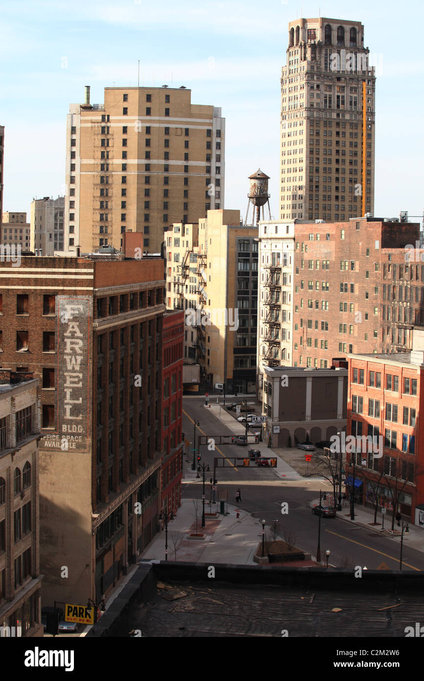 Empty streets and rundown highrise buildings in downtown Detroit Michigan 2011 Stock Photo
