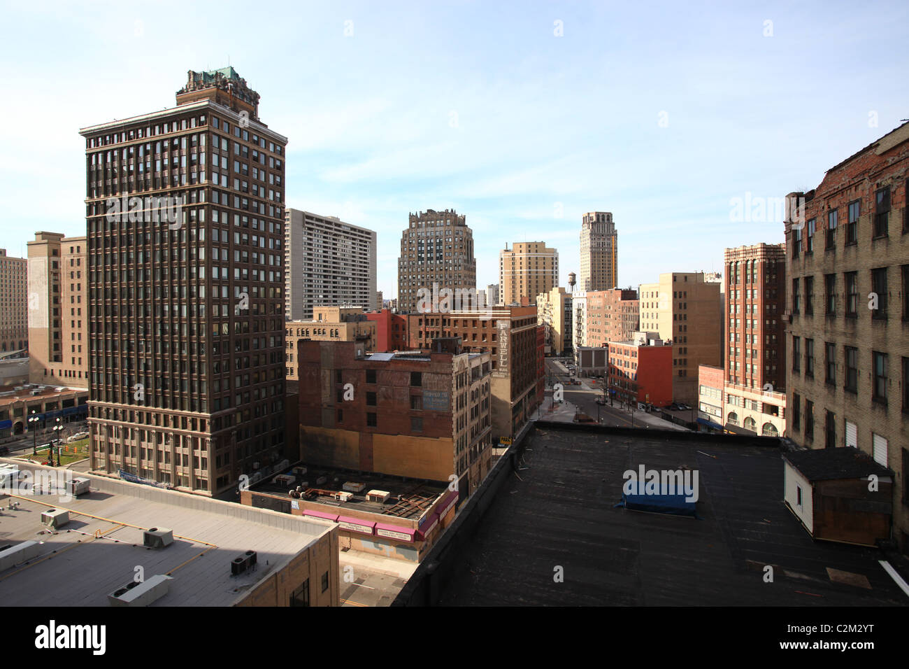 Empty streets and rundown highrise buildings in downtown Detroit Michigan 2011 Stock Photo