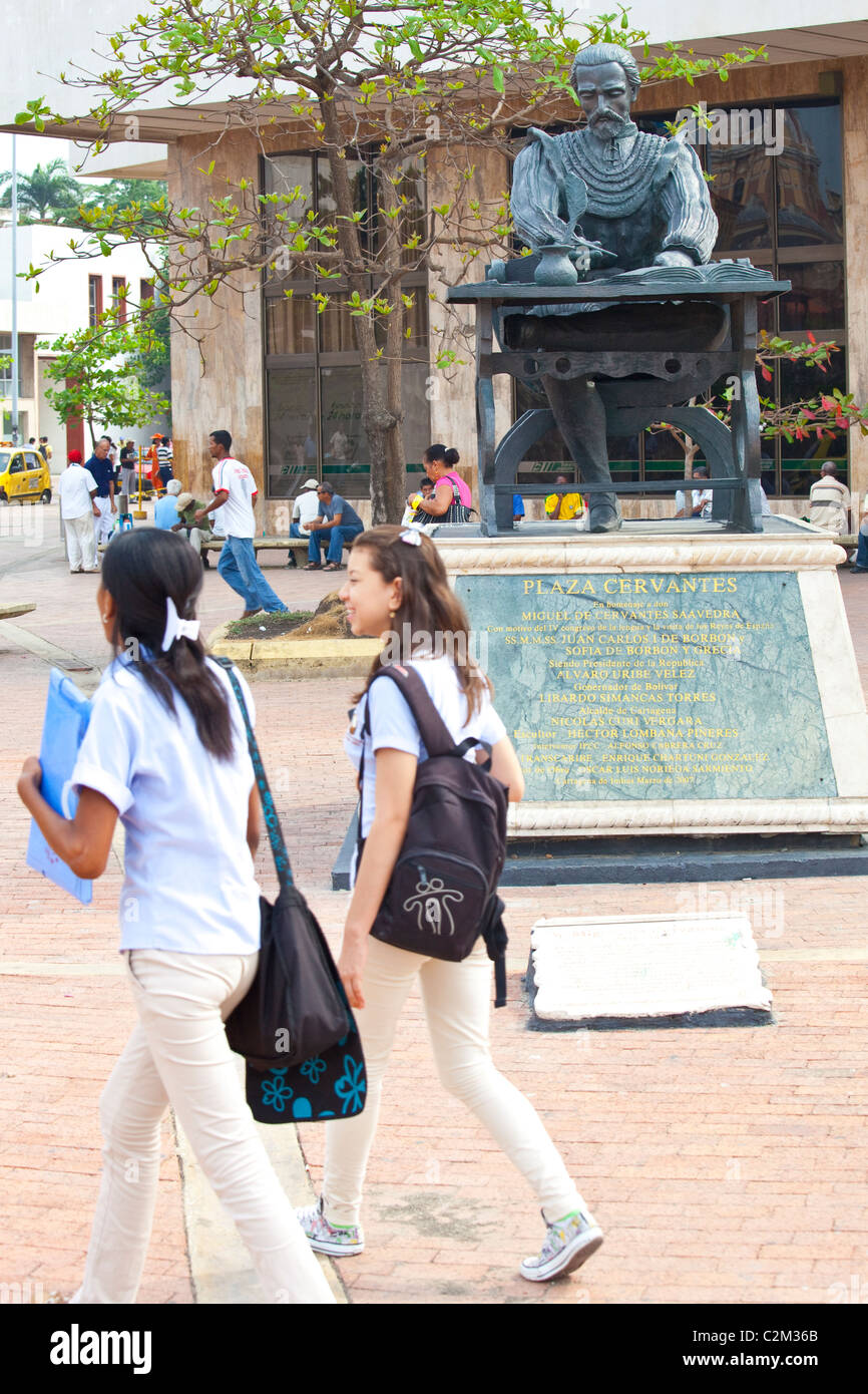 Plaza Cervantes, statue of Miguel de Cervantes Saavedra, Cartagena, Colombia Stock Photo