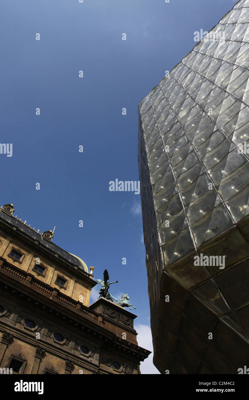 Exterior of the new stage auditorium of the Nova Scena National Theatre Narodni Divadlo constructed from more than four thousand blown glass blocks designed by Stanislav Libenský in Nove Mesto district in Prague Czech republic Stock Photo