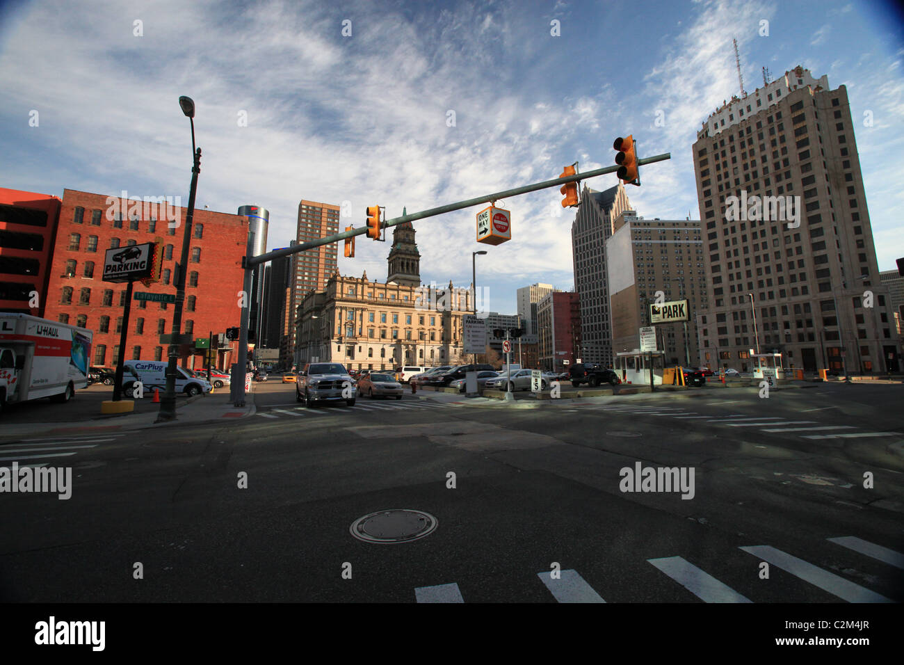 An empty signalized intersection in downtown Detroit Michigan 2011 Stock Photo