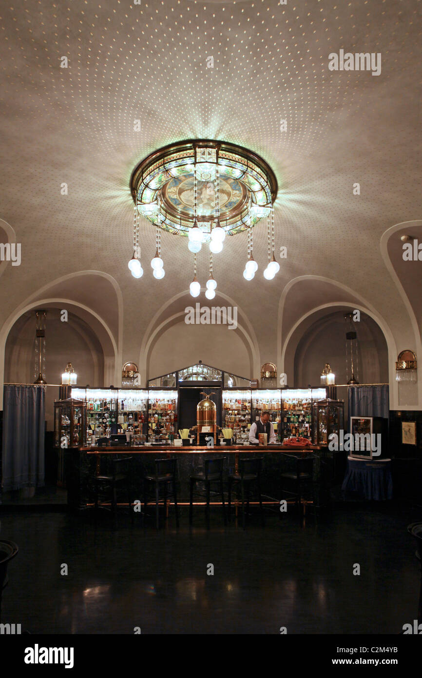 The American Bar in Obecni Dum located in the basement of the Municipal House, which was first opened in 1912 and is ranked among the 10 oldest bars in Europe located in Nove Mesto district in Prague Czech Republic Stock Photo