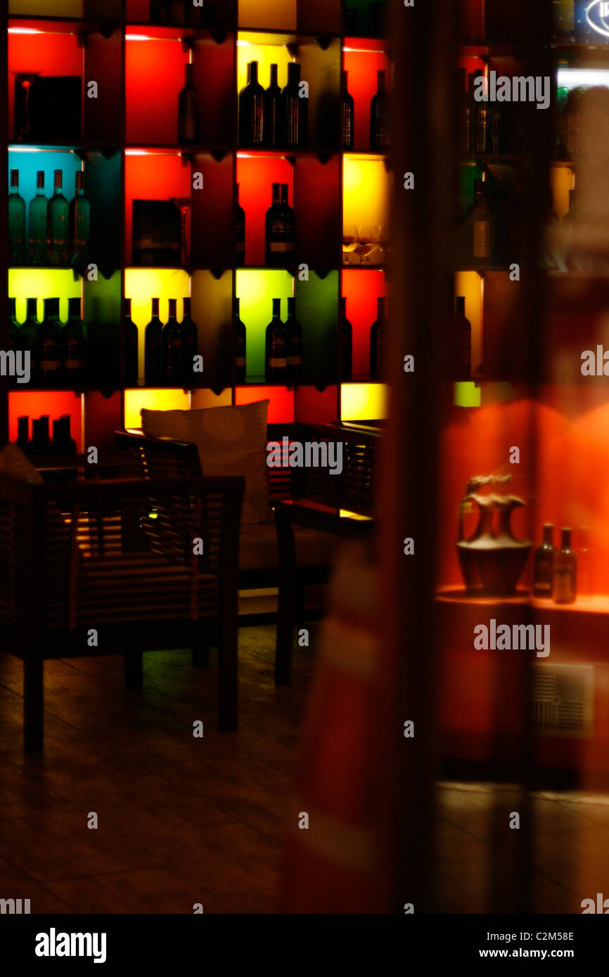 Bottles of wine decorating a restaurant in Nove Mesto Prague Czech republic Stock Photo