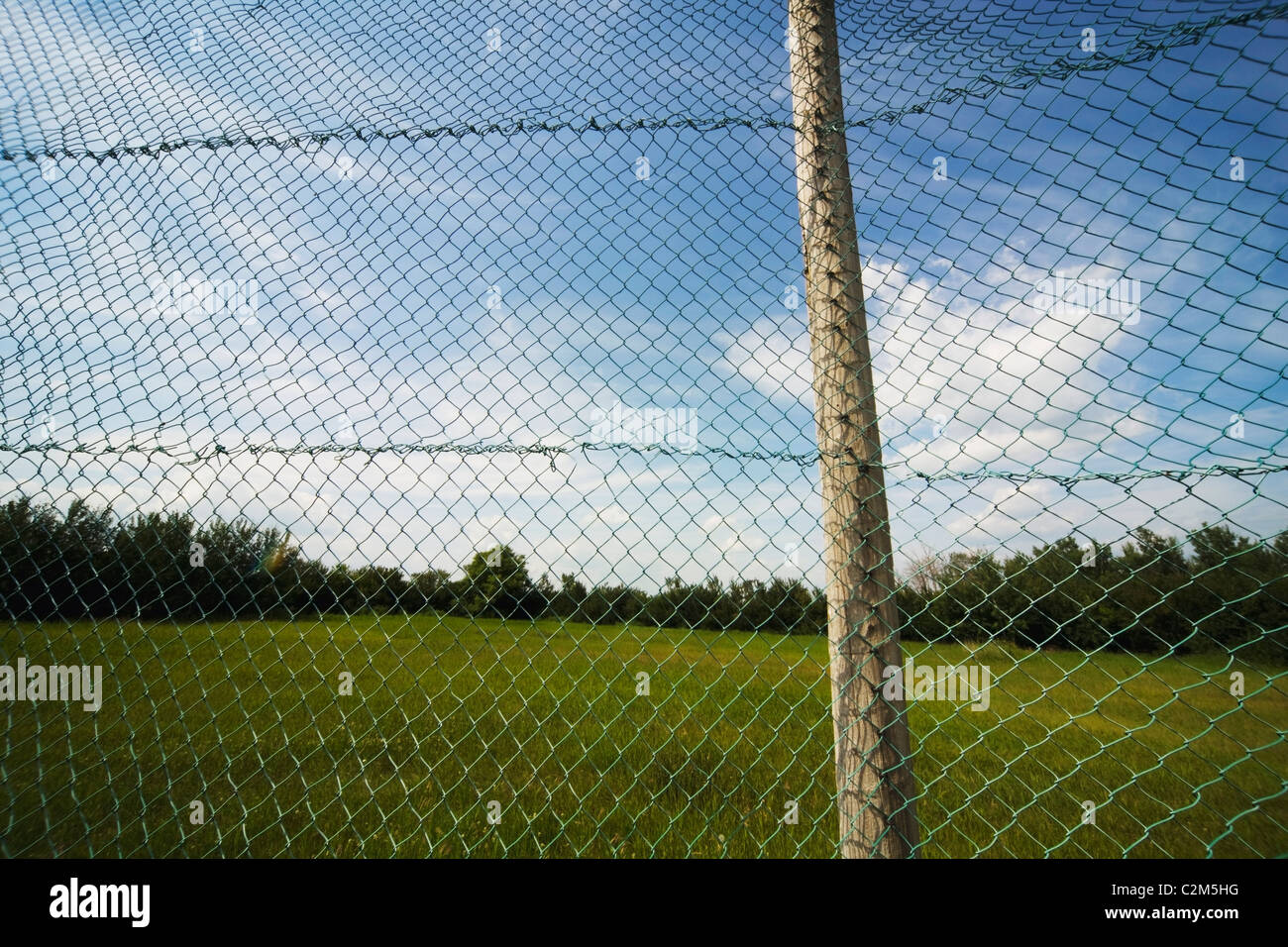 Alberta, Canada; A Chain Link Fence Attached To A Wooden Pole Stock Photo -  Alamy
