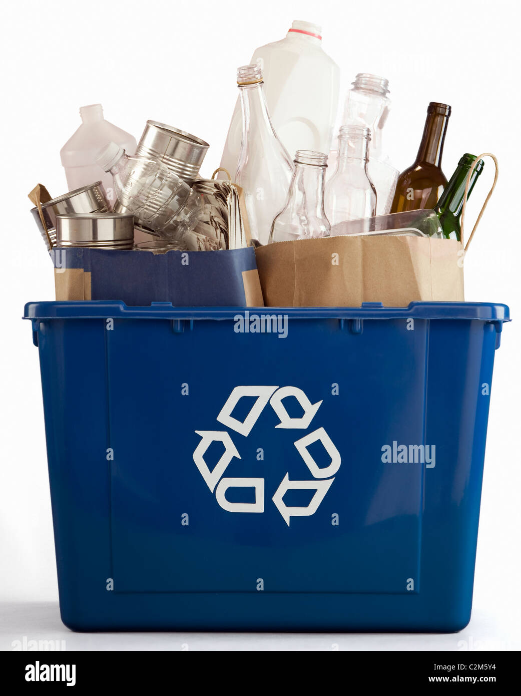 Recycle bin filled with recyclables Stock Photo