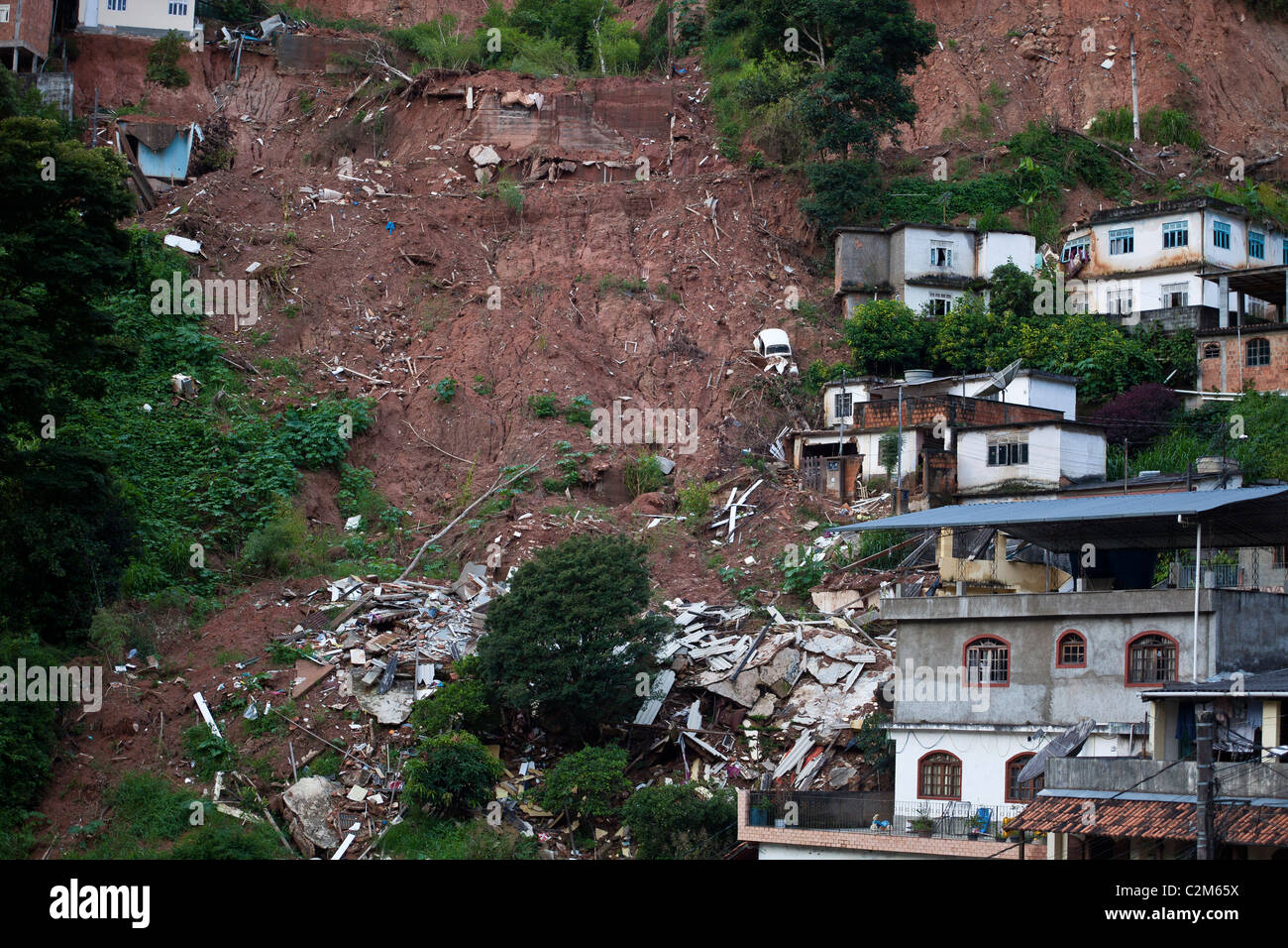 Two months after January 2011 Nova Friburgo flooding, Rio de Janeiro State, Brazil Havoc and ruins at Vilage quarter Stock Photo