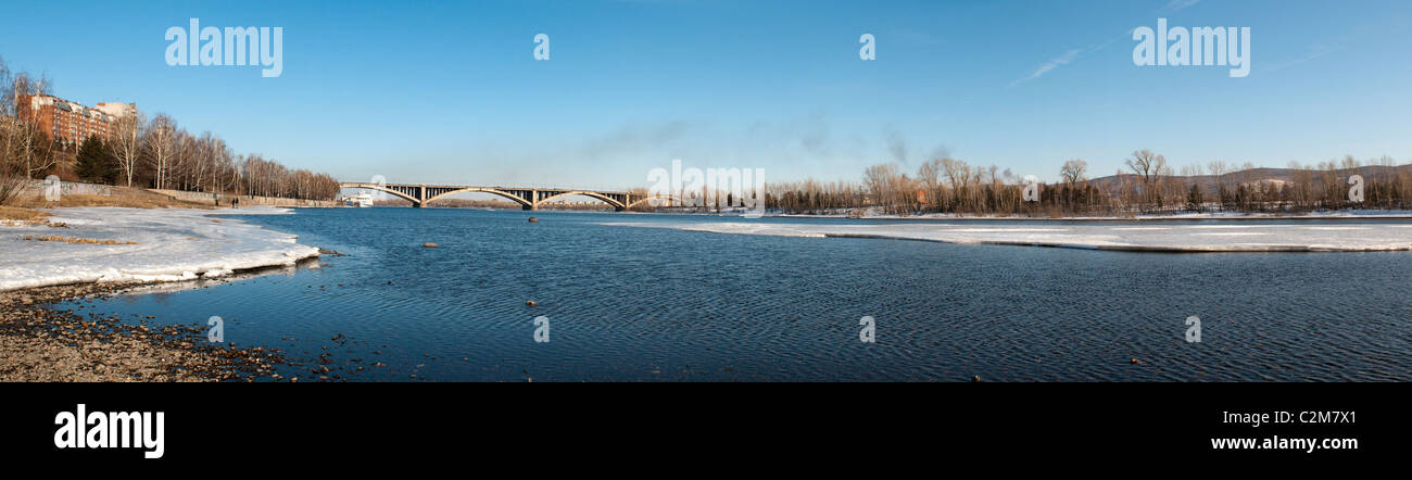 View on Krasnoyarsk and bridge over the Enisei river. Siberia, Russia Stock Photo