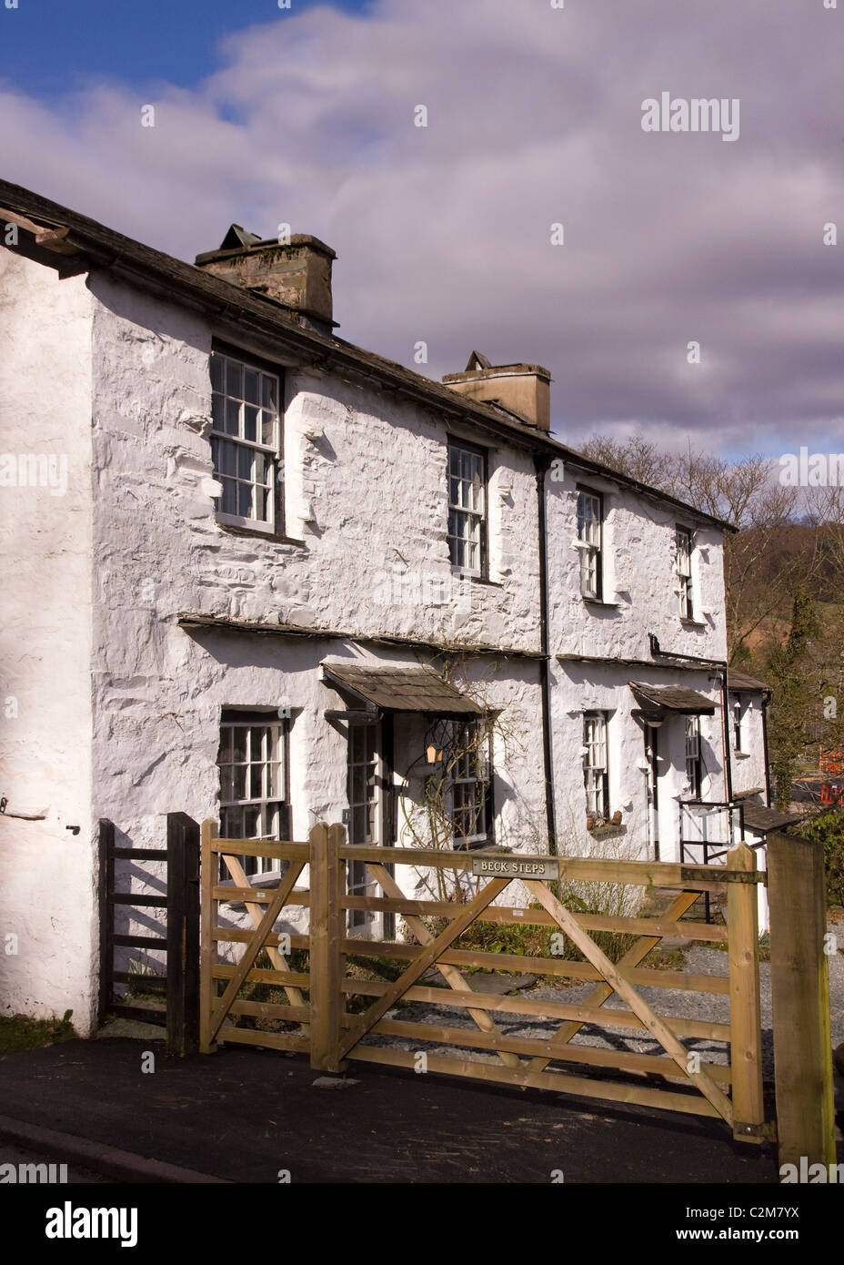 Old white cottages, Elterwater, Lake District, Cumbria, England, UK Stock Photo