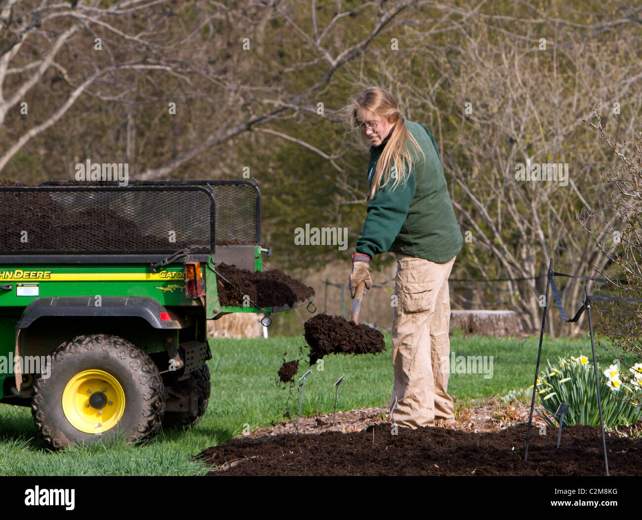 Spreading mulch in the garden with a John Deere Gator TX and a pitchfork. Stock Photo