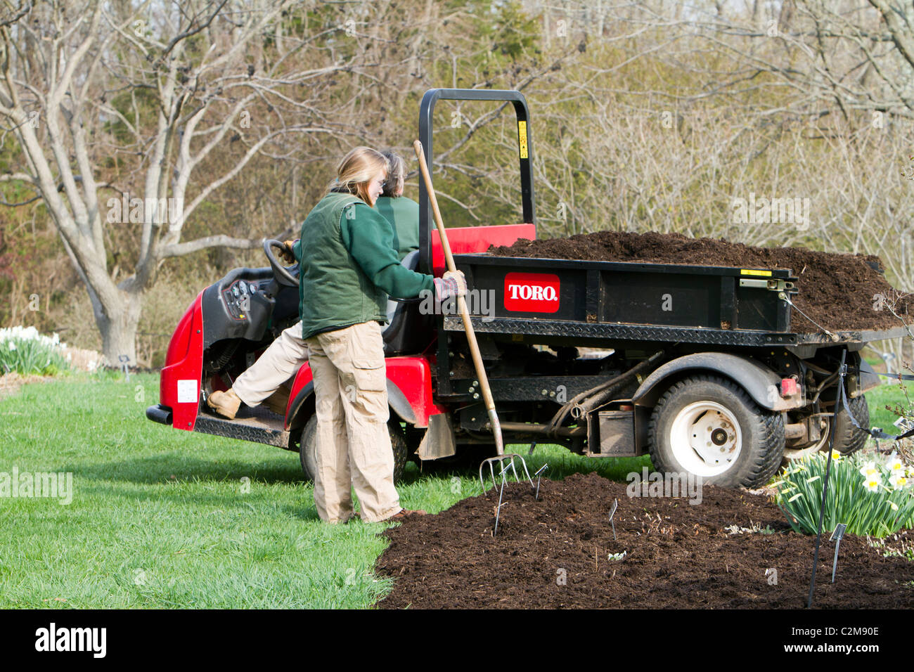 Spreading mulch in a flower bed with a Toro Workman utility vehicle and