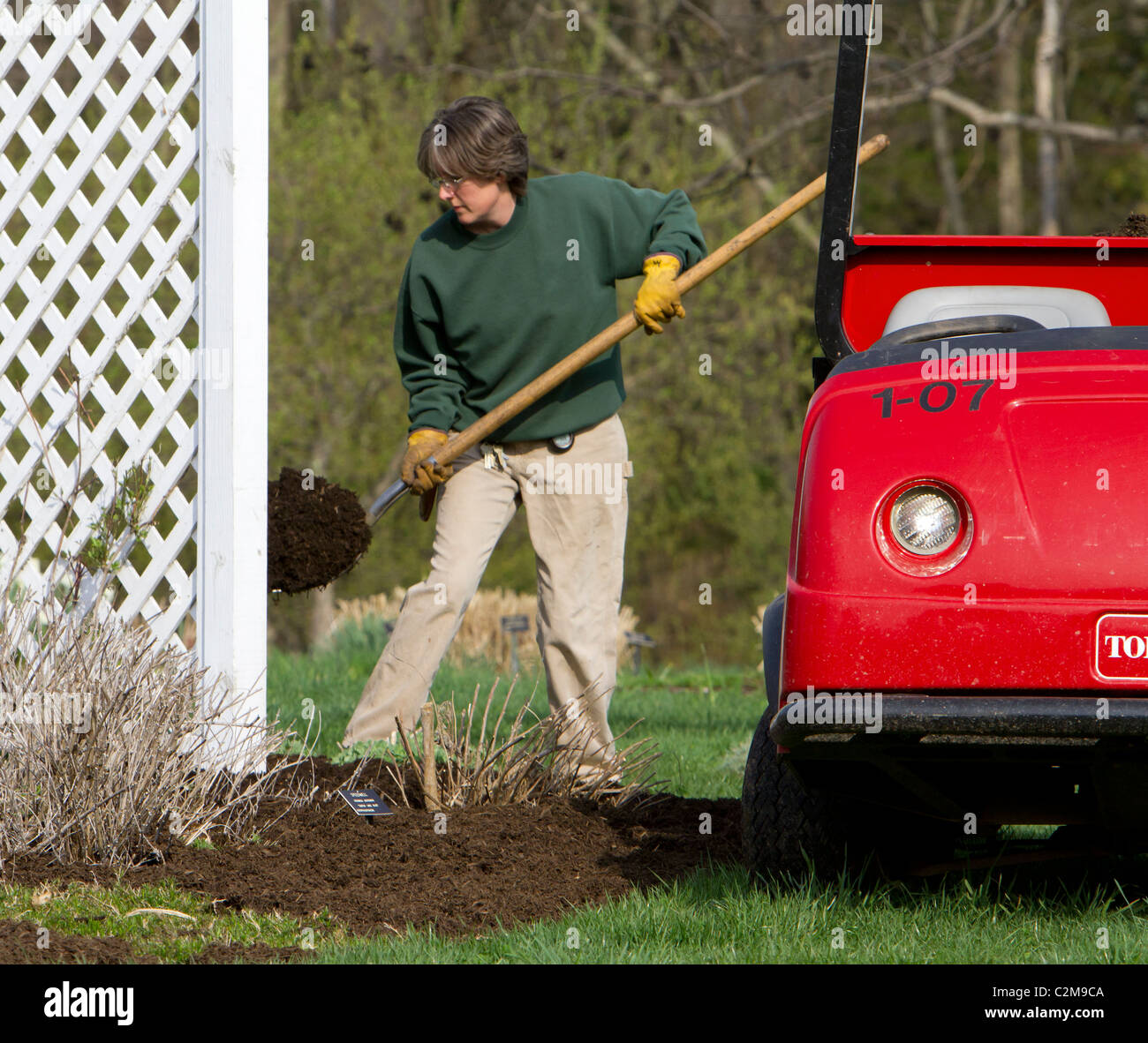 Spreading mulch in a flower bed with a Toro Workman utility vehicle and