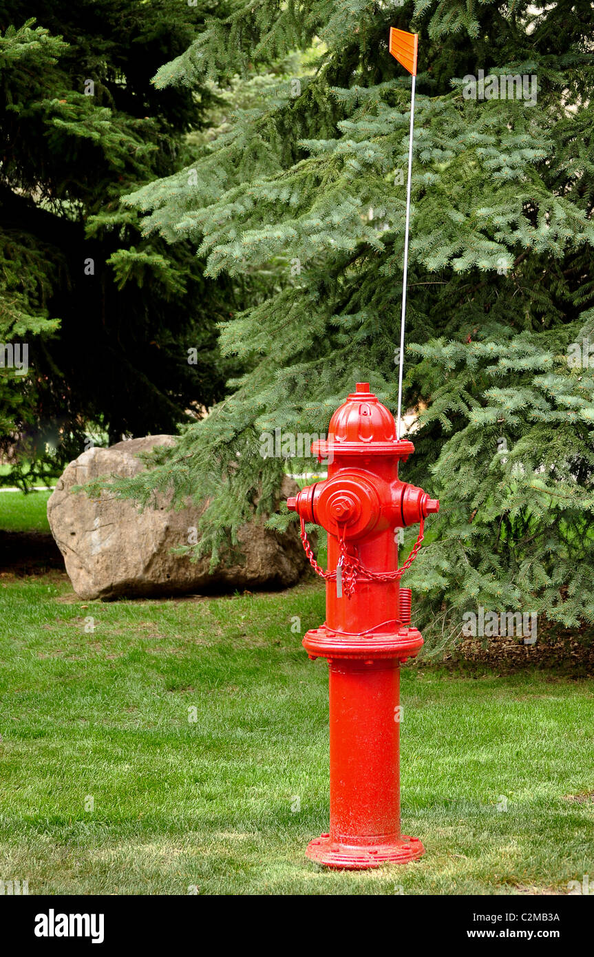 red fire hydrant with snow level flag Stock Photo