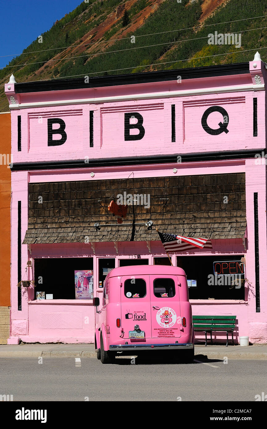 Pink car outside a pink BBQ restaurant on Blair Street, Silverton city, Silverton in the